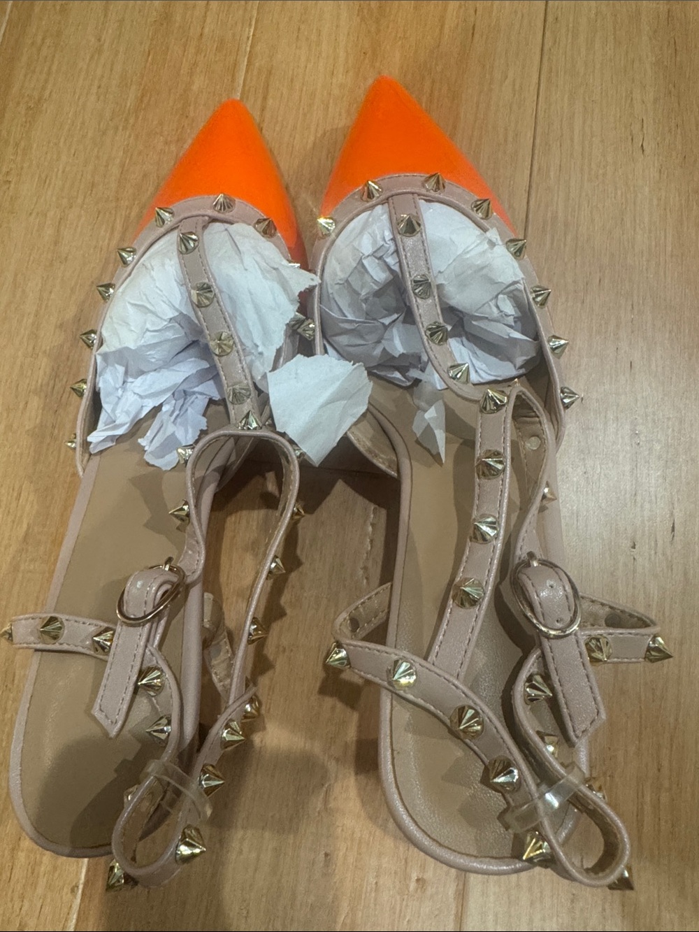 Studded Pointed-Toe T-Strap Flats in Orange and Nude - Picture 1 of 3